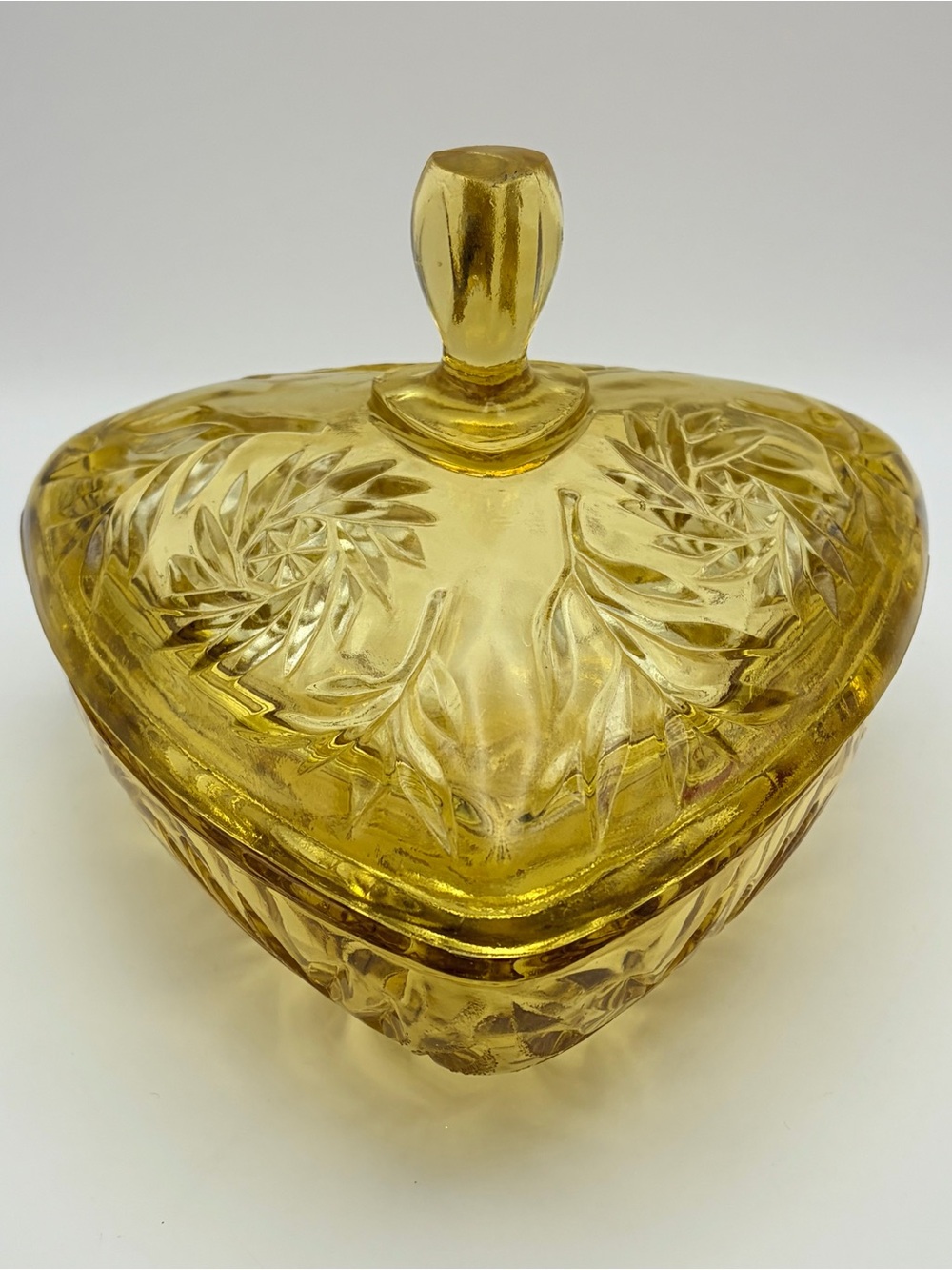 Vintage Hazel Atlas Amber Glass Triangle Candy Dish Bowl w Lid Pinwheel Design